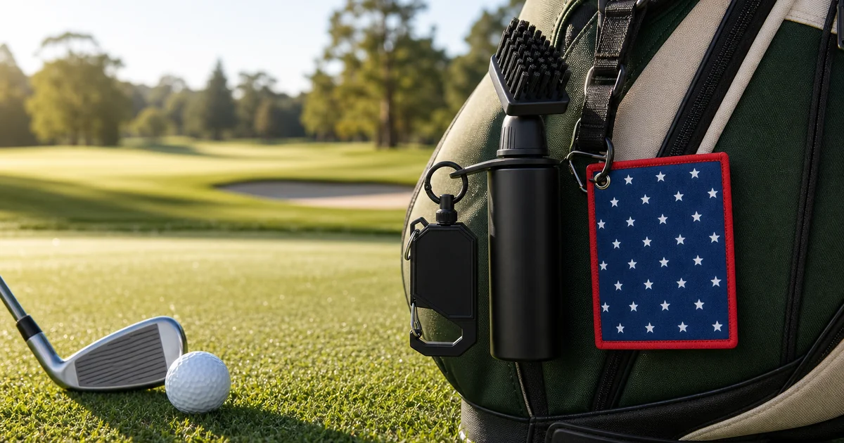 Golf brush cleaner and microfiber towel clipped to a golf bag beside a club and ball on the course
