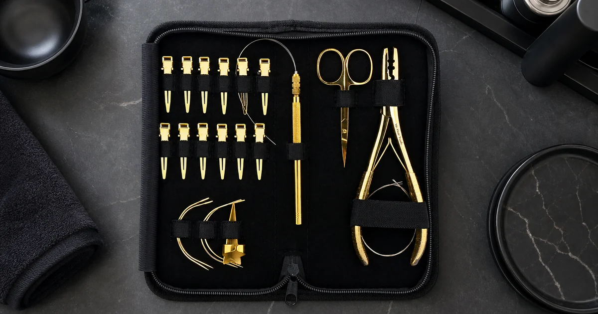 Kit manual para extensiones junto a un estuche negro, con alicate, pasador, pinzas y agujas curvas