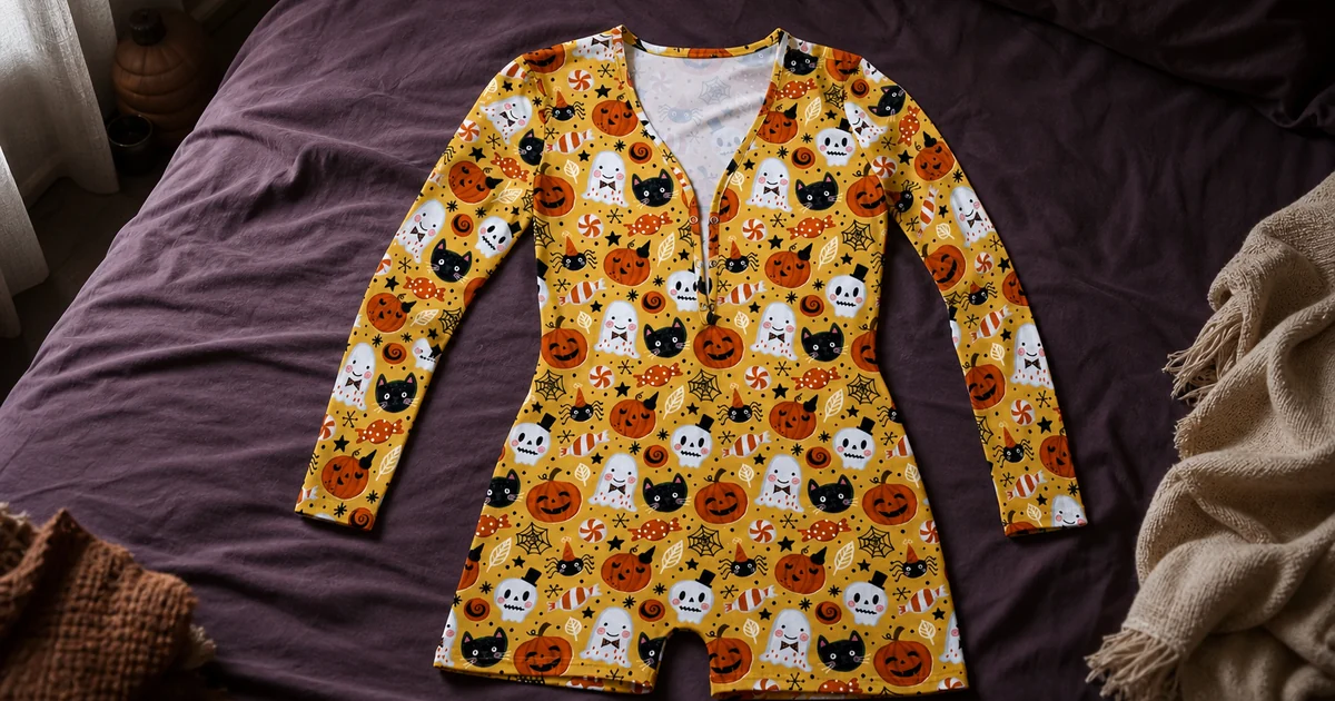 Mono pijama amarillo de Halloween de manga larga y pierna corta con broches, fantasmas, gatos y calabazas sobre una cama oscura