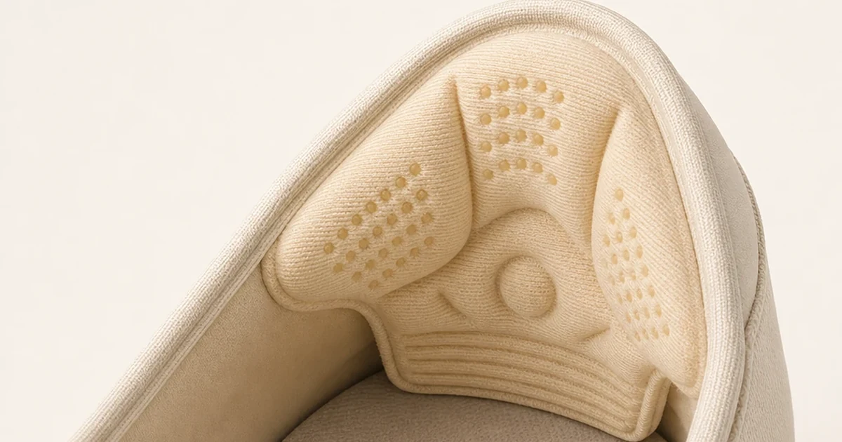Contoured beige foam heel grip positioned against the inside back of a closed-back shoe