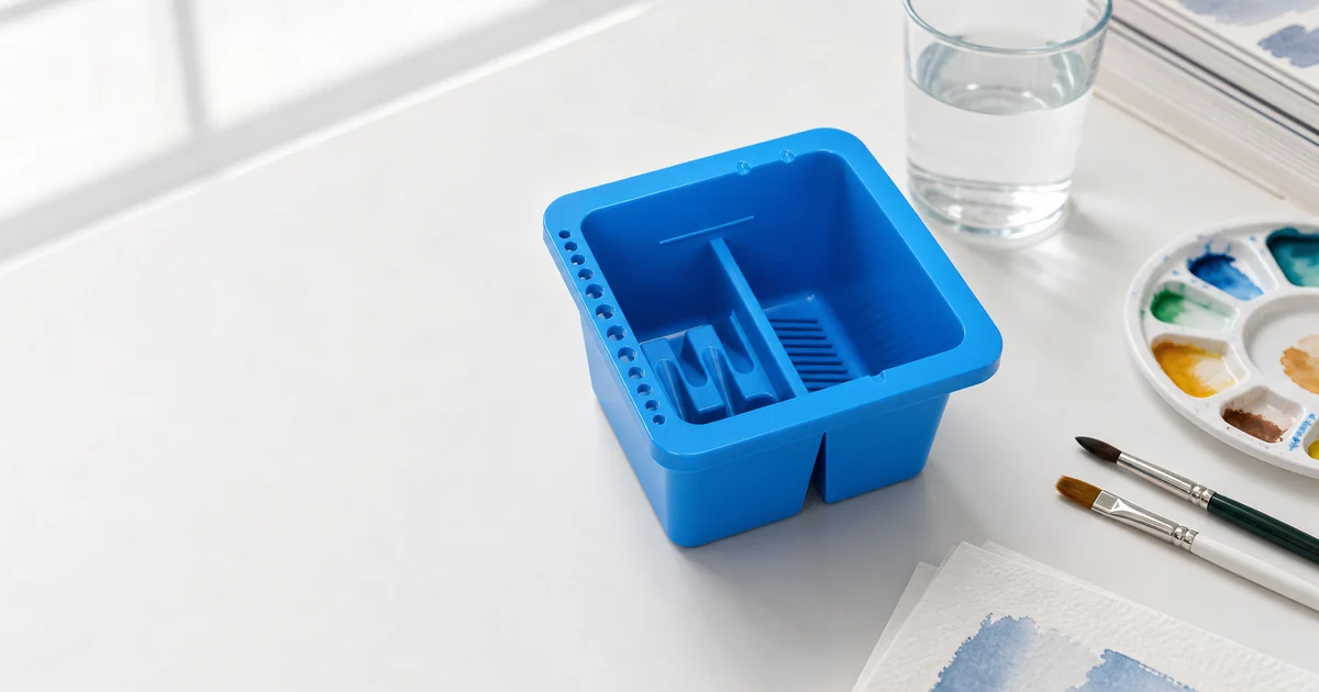 Bac bleu de nettoyage des pinceaux avec couvercle sur une table aquarelle et acrylique ordonnee