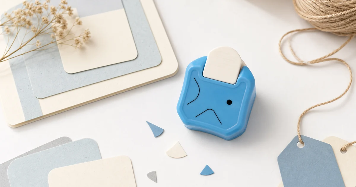 Blue paper corner rounder punch beside rounded cards and paper gift tags