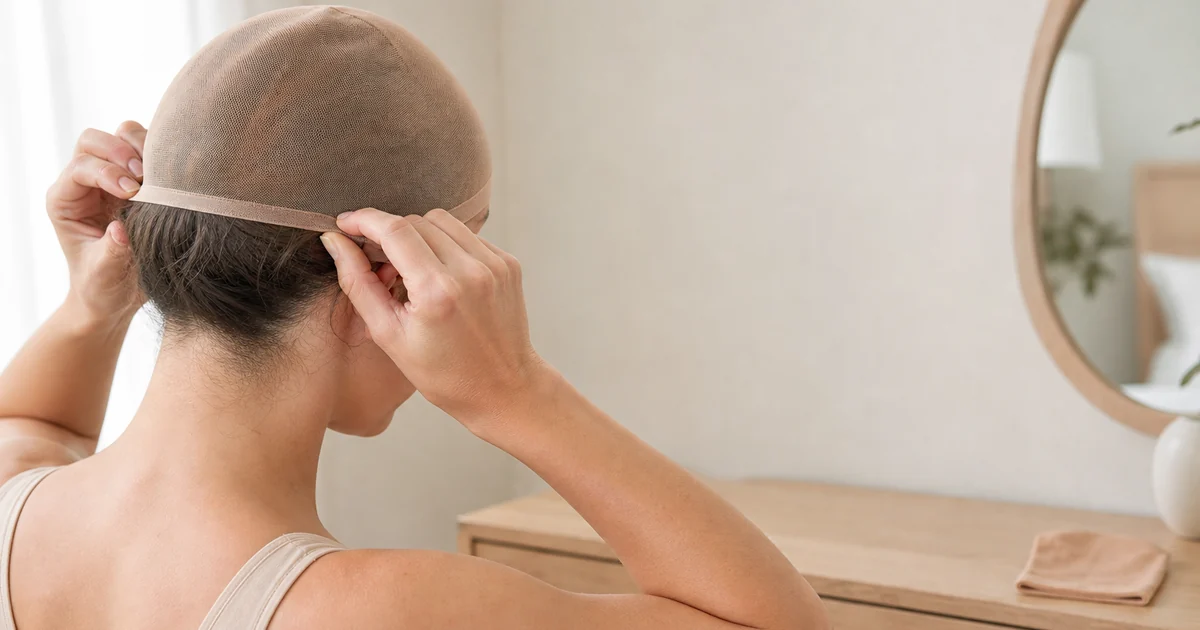 Touca de peruca nude bege de tela posicionada sobre cabelo natural achatado antes de colocar uma peruca