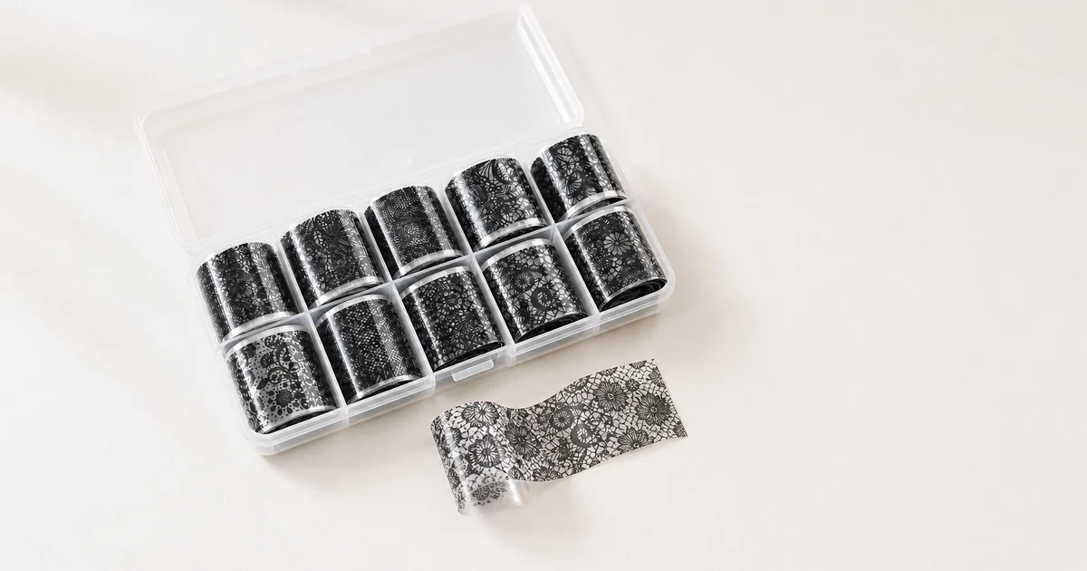 Lace nail transfer foil rolls in a clear box with a black and white lace strip
