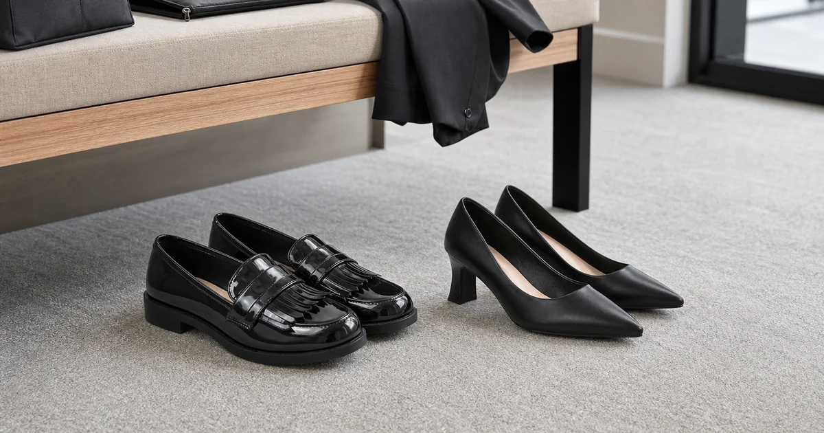 Black glossy fringe loafers and black pointed-toe block heel pumps compared in an office entry setting
