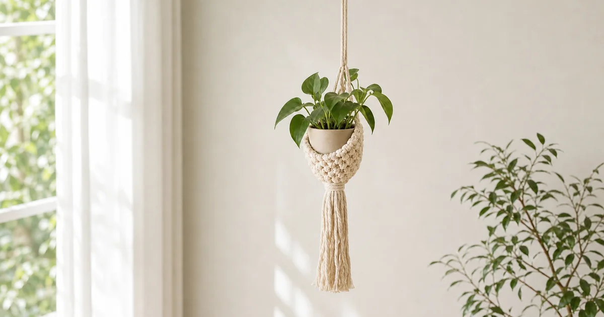 Colgador de macramé beige de cuerda de algodón junto a una ventana con planta y maceta usadas como atrezo