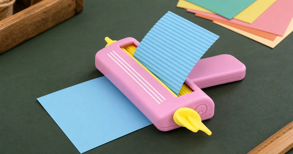 Onduladora manual rosa con rodillos y manivela amarillos que da relieve ondulado a una hoja azul