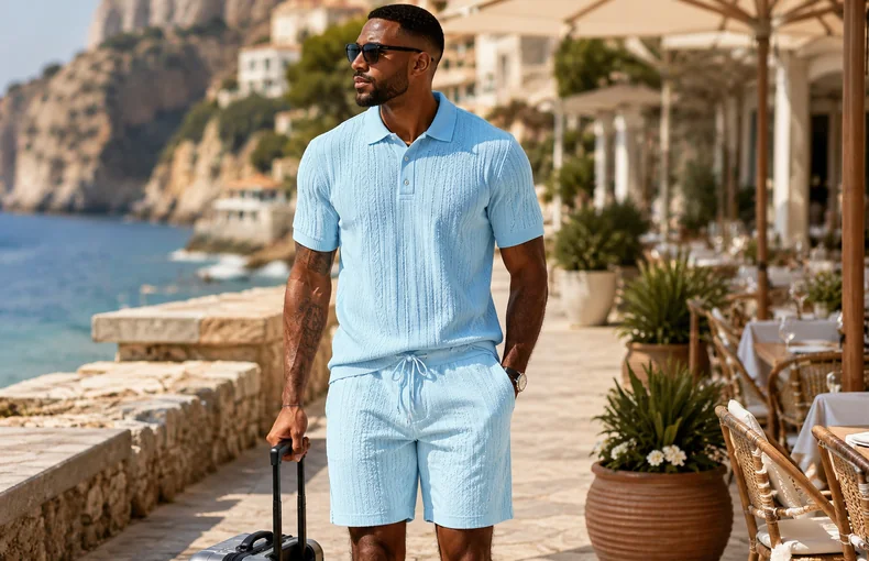 Guia de conjunto masculino de polo texturizado y shorts para viajes de verano y looks smart casual guide image
