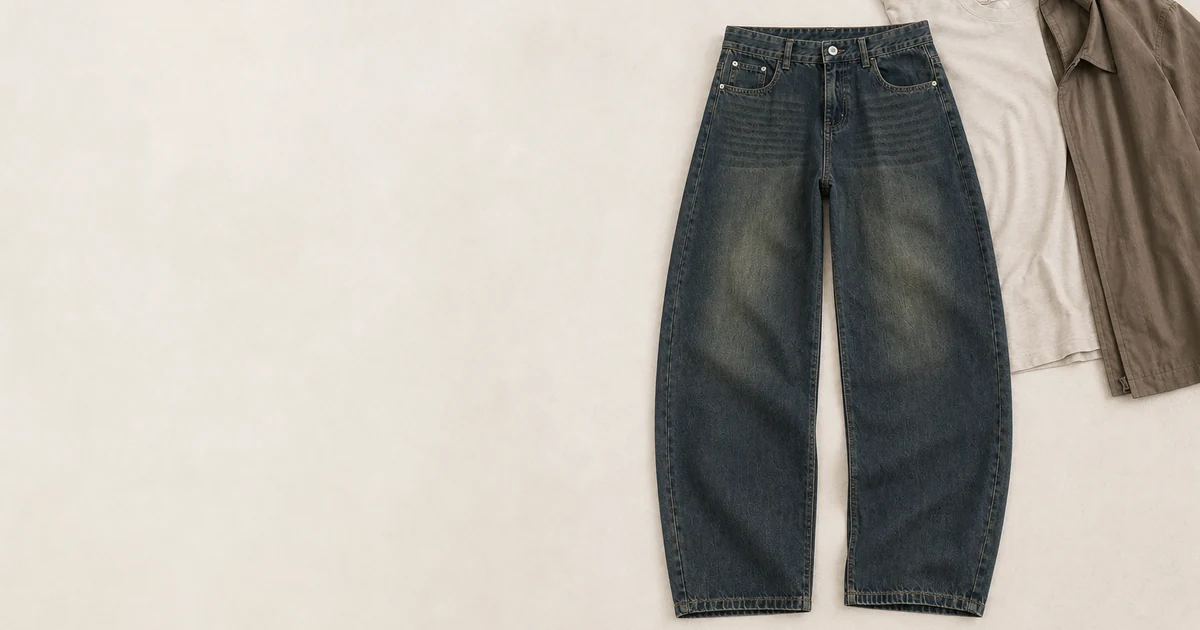 Men washed cotton wide-leg jeans in dark denim with curved seams, pockets and relaxed leg shape
