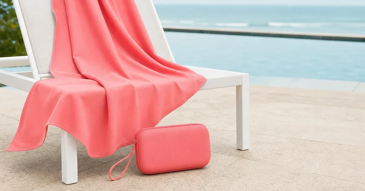 Toalla deportiva rosa de microfibra con estuche EVA junto a la piscina