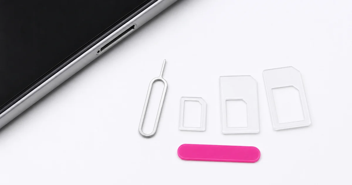 Nano SIM adapter kit with three clear adapter frames and a silver eject pin