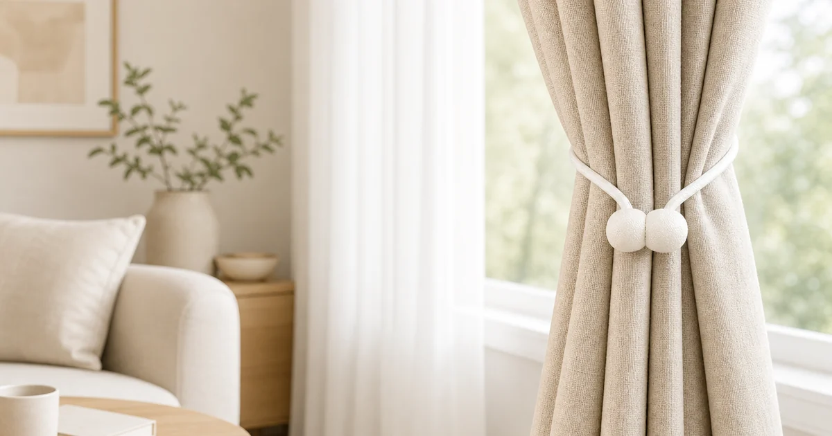 White no-drill magnetic curtain tieback holding a neutral curtain beside a bright home window