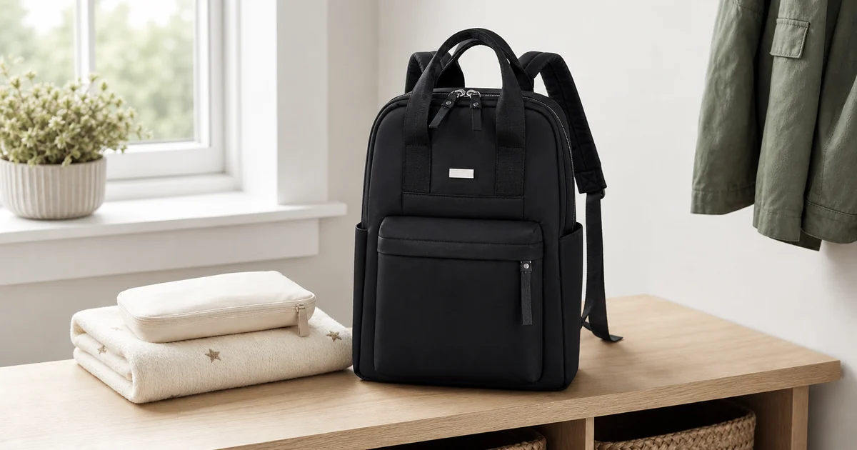 Mochila maternidade preta de nylon com alças superiores, alças de ombro, bolso frontal com zíper e bolsos laterais abertos