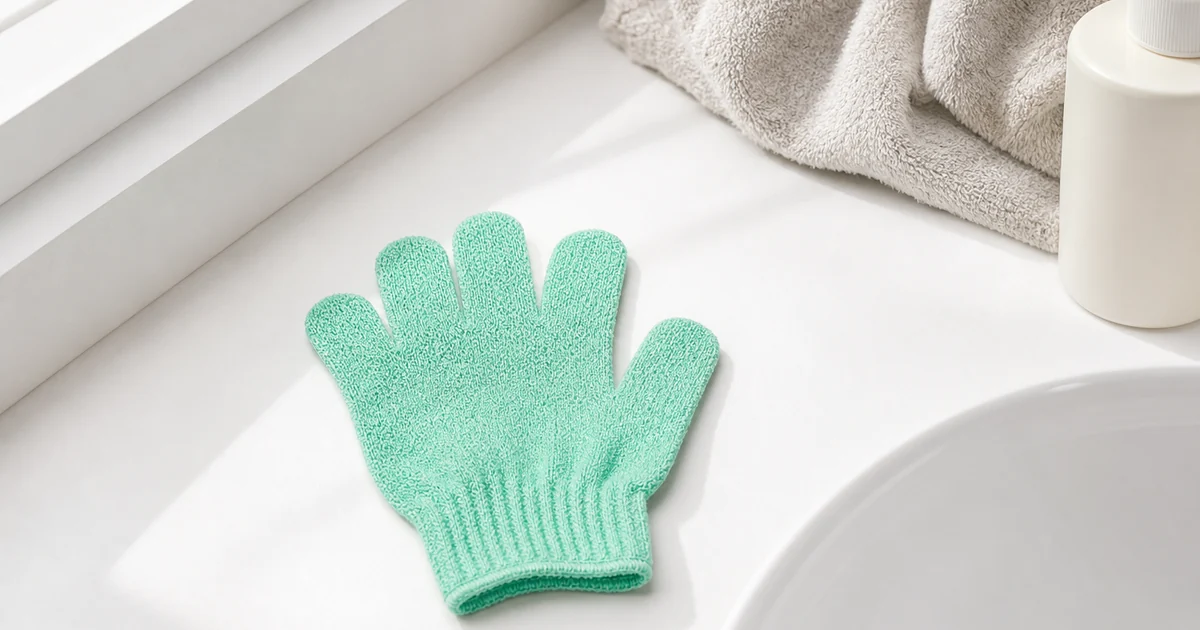 Un gant exfoliant en nylon menthe sur une surface de salle de bain propre