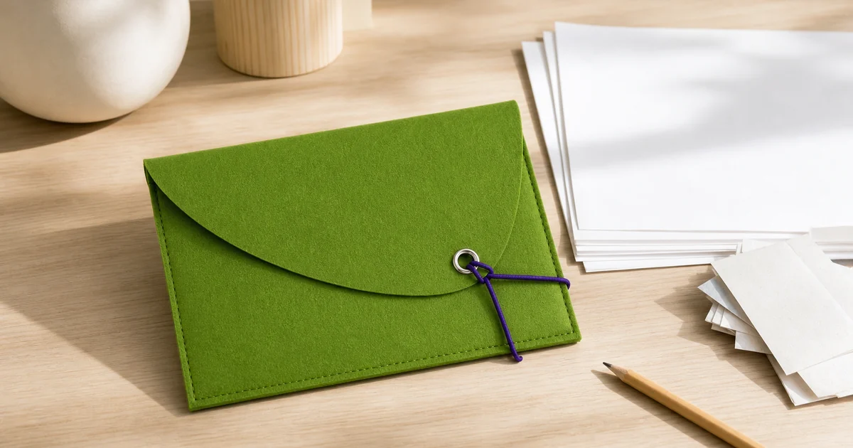 Pochette verte en feutre pour documents avec cordon violet pres de papiers et notes vierges