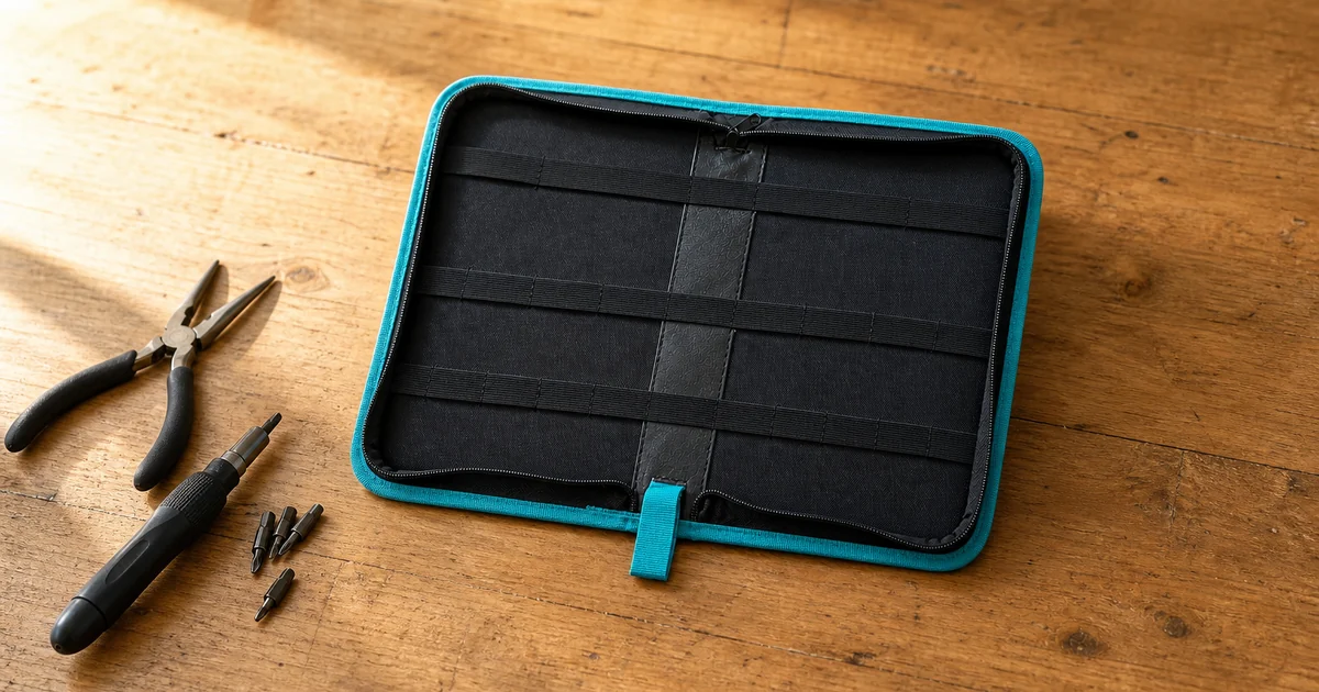 Etui outils Oxford ouvert avec supports elastiques noirs, bord turquoise et petits outils a cote