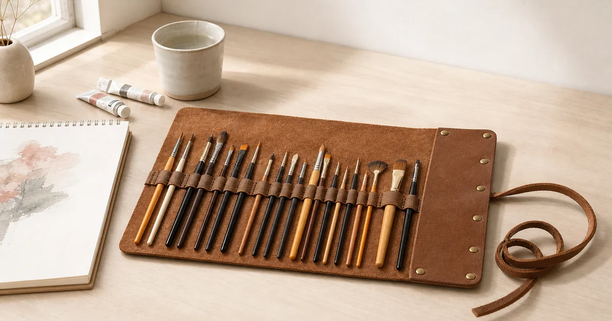Étui roulable brun en cuir PU ouvert sur table d’atelier avec pinceaux