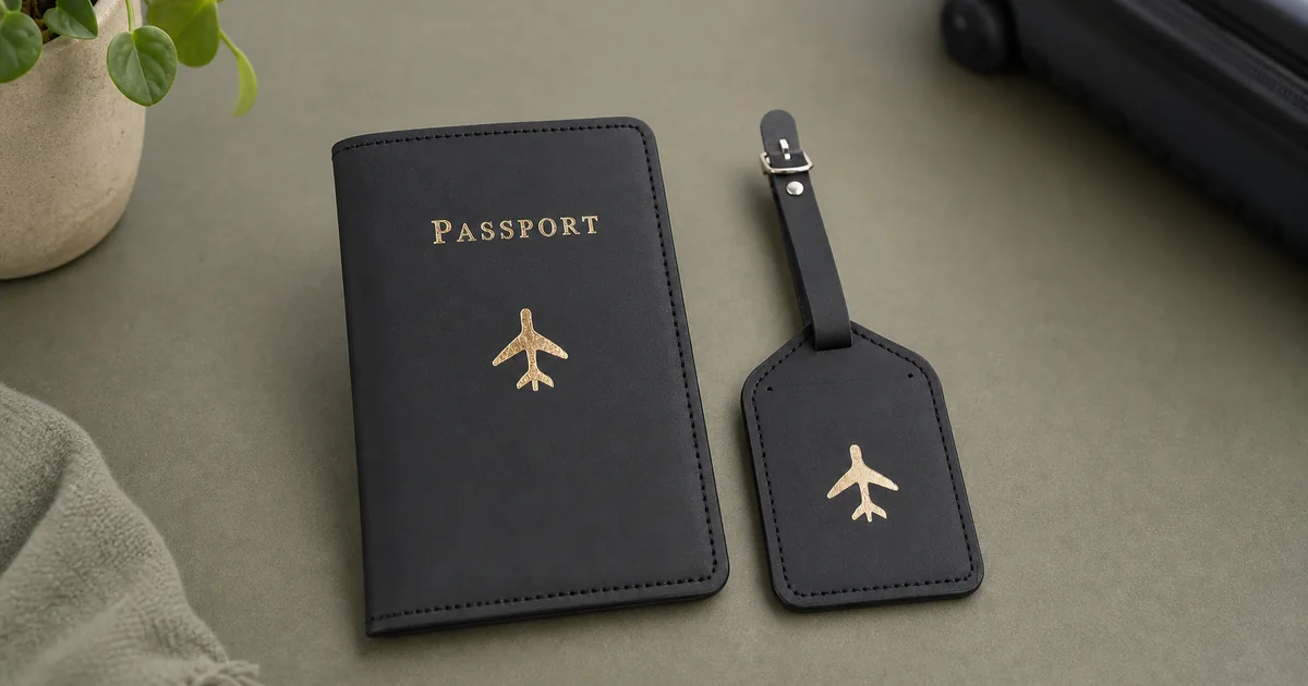 Funda de pasaporte de PU a juego con etiqueta de equipaje con avión y hebilla, conjunto de dos piezas
