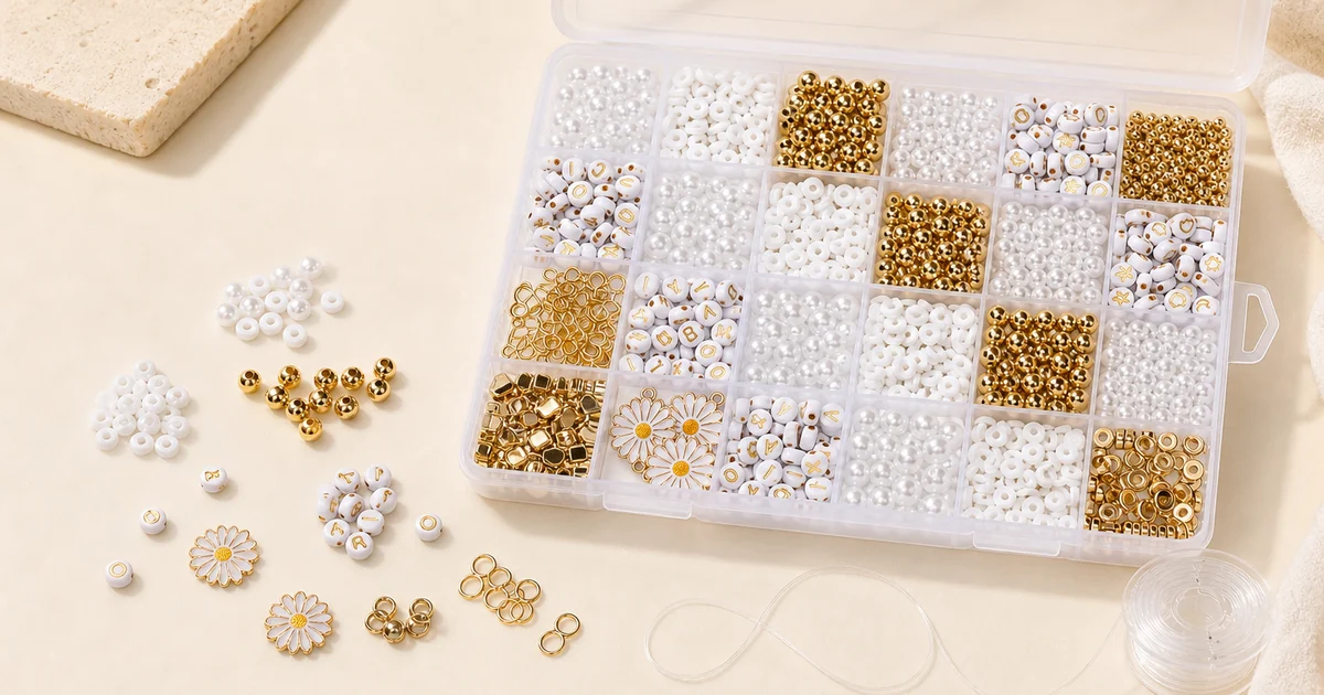 Pearl-look bracelet bead kit in a clear compartment box on a craft table