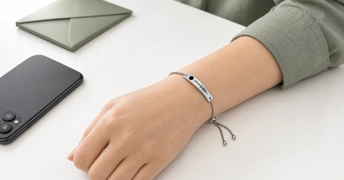 Close de uma pulseira de aço inoxidável com barra curva, corrente veneziana fina e esfera deslizante