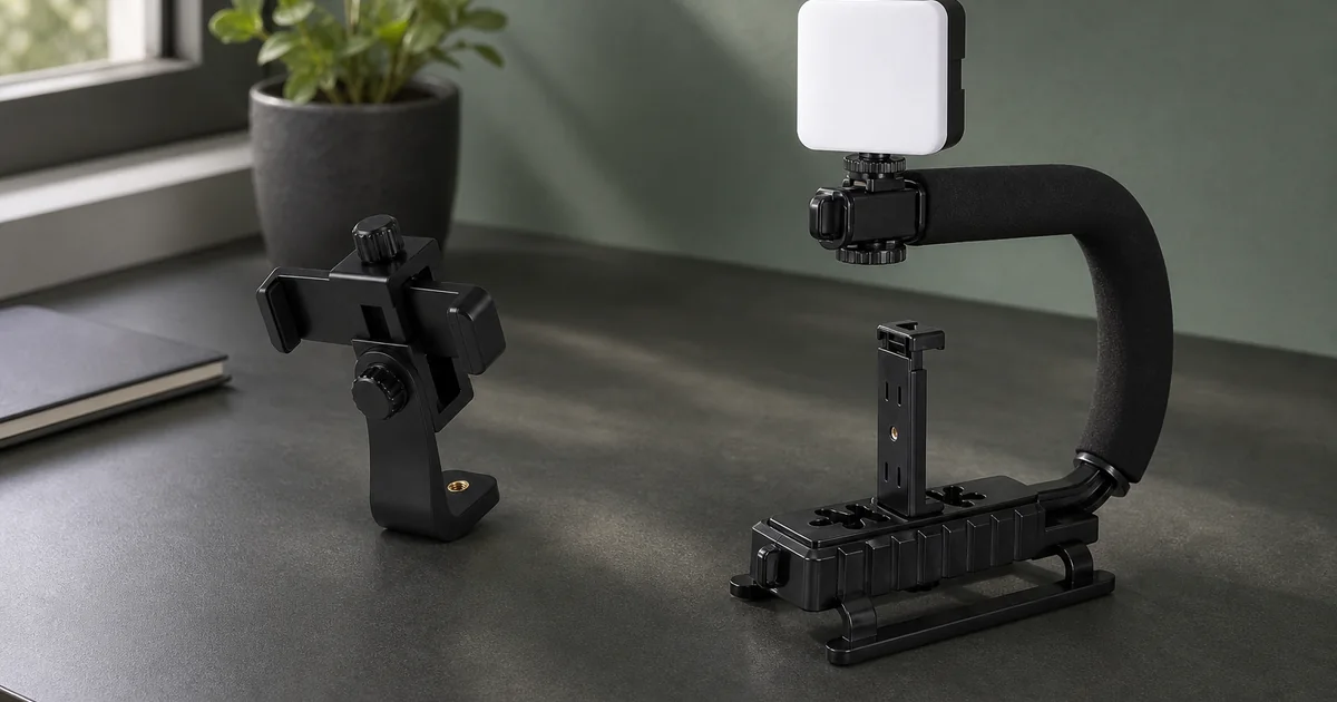 Pinza negra vacía para móvil con rosca de 1/4 de pulgada junto a un rig de vídeo de mano independiente en forma de U con panel LED sobre una mesa de creación