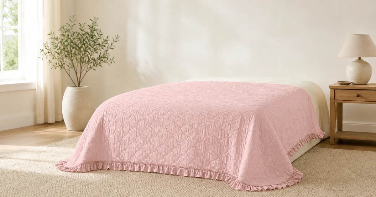 Rosa gesteppte Tagesdecke mit Rüschenkante, Wellensteppung und weichem Fall im Schlafzimmer