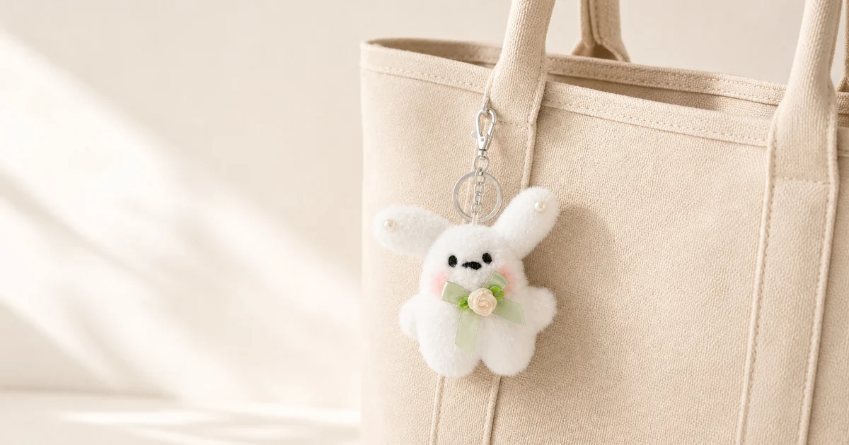 Pequeno colgante de peluche para bolso con aro redondo o clip junto a un bolso