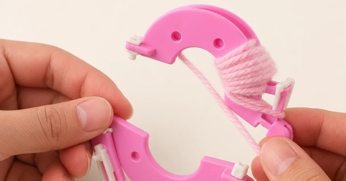 Hands winding pink yarn around the curved arm of a pink plastic pom-pom maker