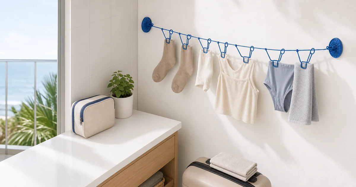 Portable travel clothesline with integrated clips temporarily set up in a bright small-space drying area