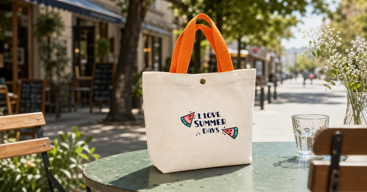 Mini bolso de lona natural con asas cortas naranjas, cierre a presión y estampado de sandía