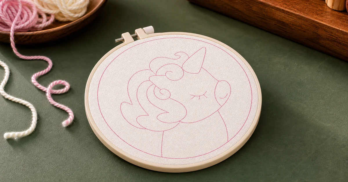 Estampado de unicornio sin terminar sujeto en un bastidor de plástico, con hilo rosa y crema suelto al lado