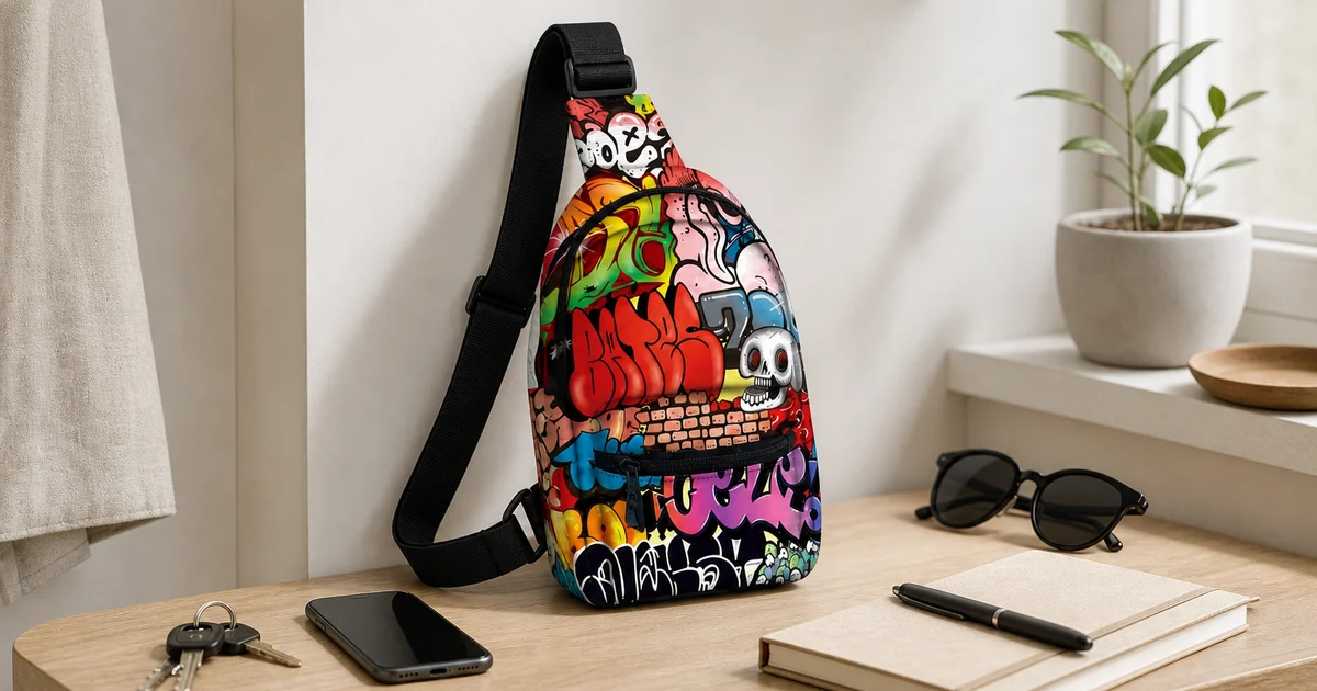 Printed sling chest bag with adjustable strap and front zipper pocket on an entry bench