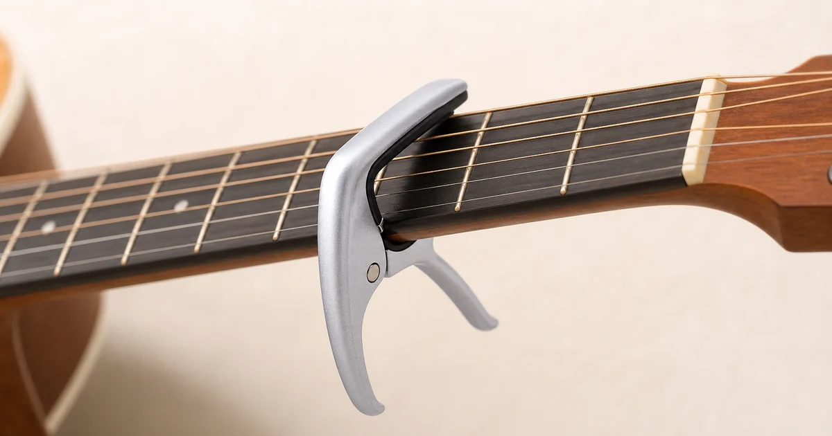Silver quick-release acoustic guitar capo placed behind a fret on a guitar neck