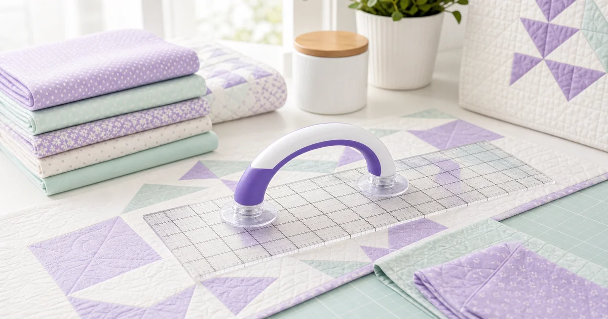 Mango blanco y morado con ventosas en regla acrílica transparente sobre mesa de costura