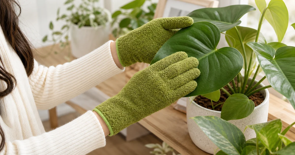 Gants verts en velours corail essuyant doucement de grandes feuilles d intérieur