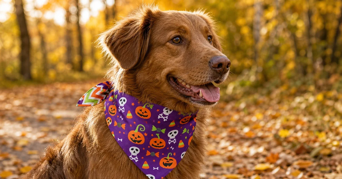 Uma única bandana dupla face de Halloween em poliéster, com abóboras e caveiras roxas e verso em zigue-zague