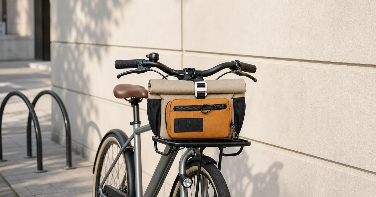 Khaki roll-top 4L bike front bag with orange front pocket mounted at the front of a city bicycle