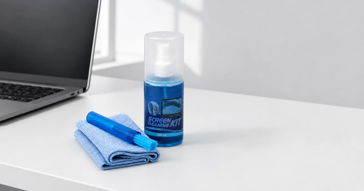 100 ml screen cleaning kit with blue microfiber cloth and retractable brush on a clean desk