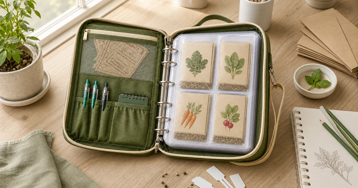 Organizer verde oliva per semi aperto con pagine trasparenti e appunti da giardino