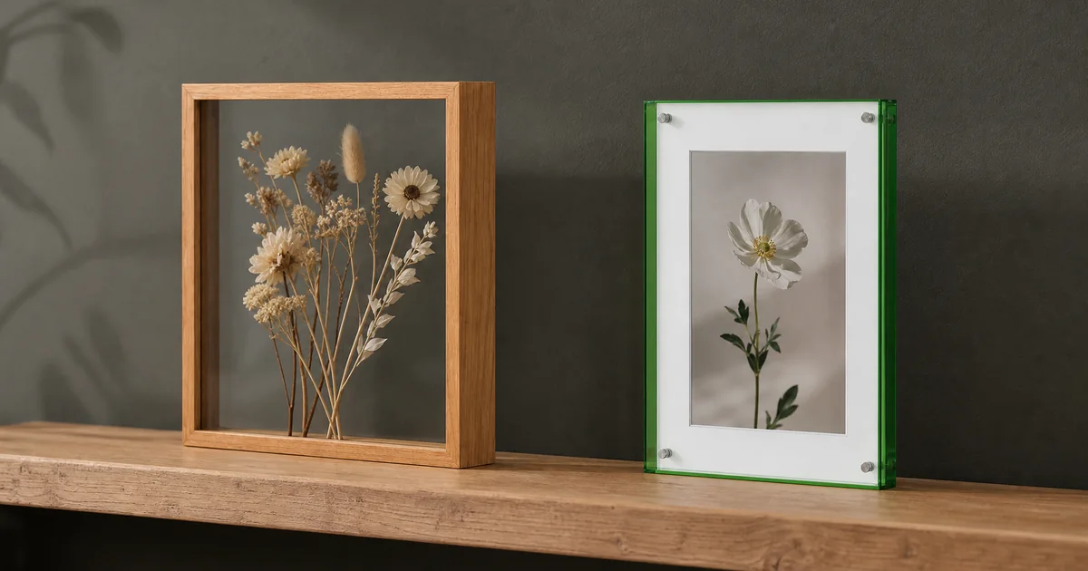 Caja marco profunda de madera con flores secas ilustrativas junto a un marco acrílico verde con una fotografía de flor impresa