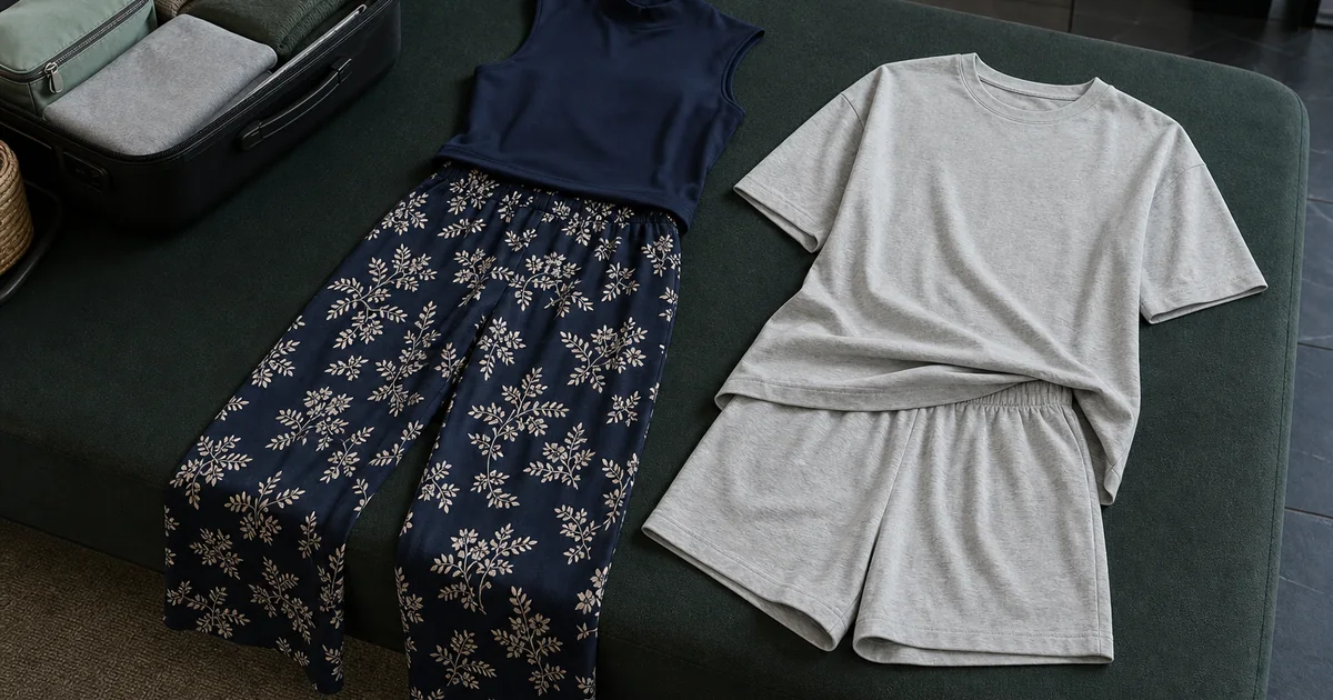 Top azul marino liso con pantalón ancho floral junto a otro conjunto separado de camiseta gris clara y shorts
