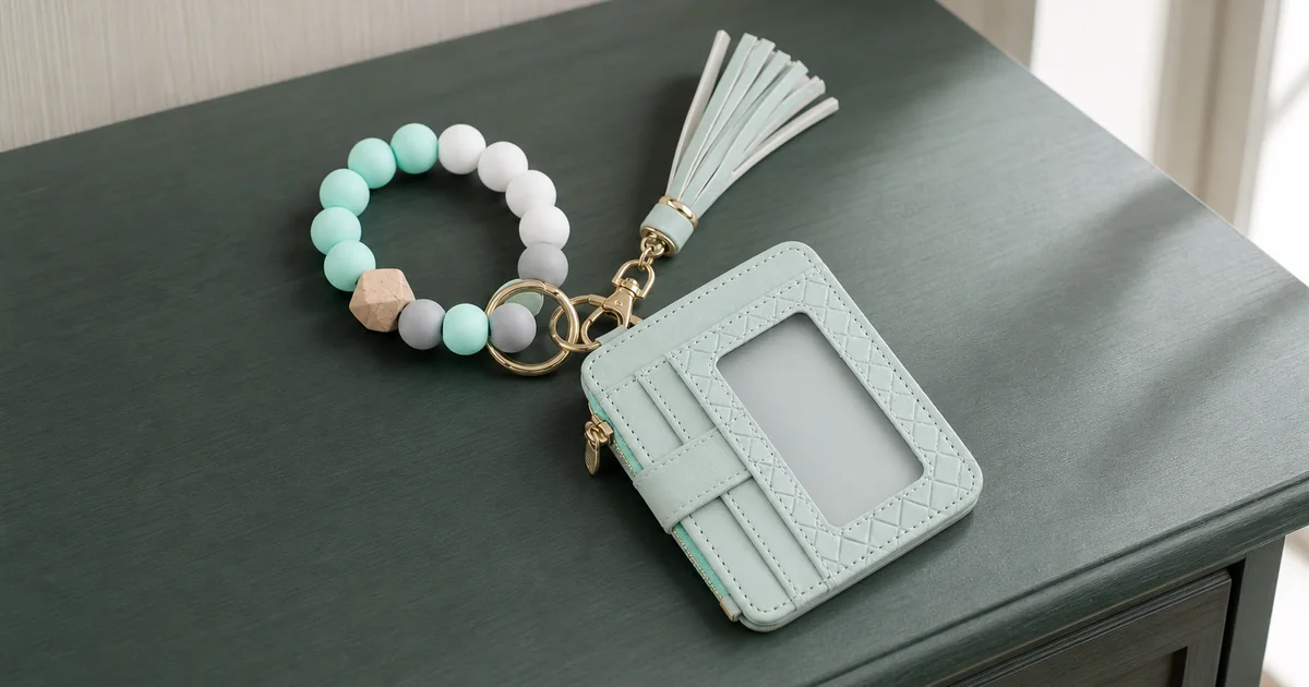 Mintfarbenes Kartenetui mit passendem Silikonperlen-Armband, klarem Ausweisfenster und Quaste auf einem dunklen Flurtisch