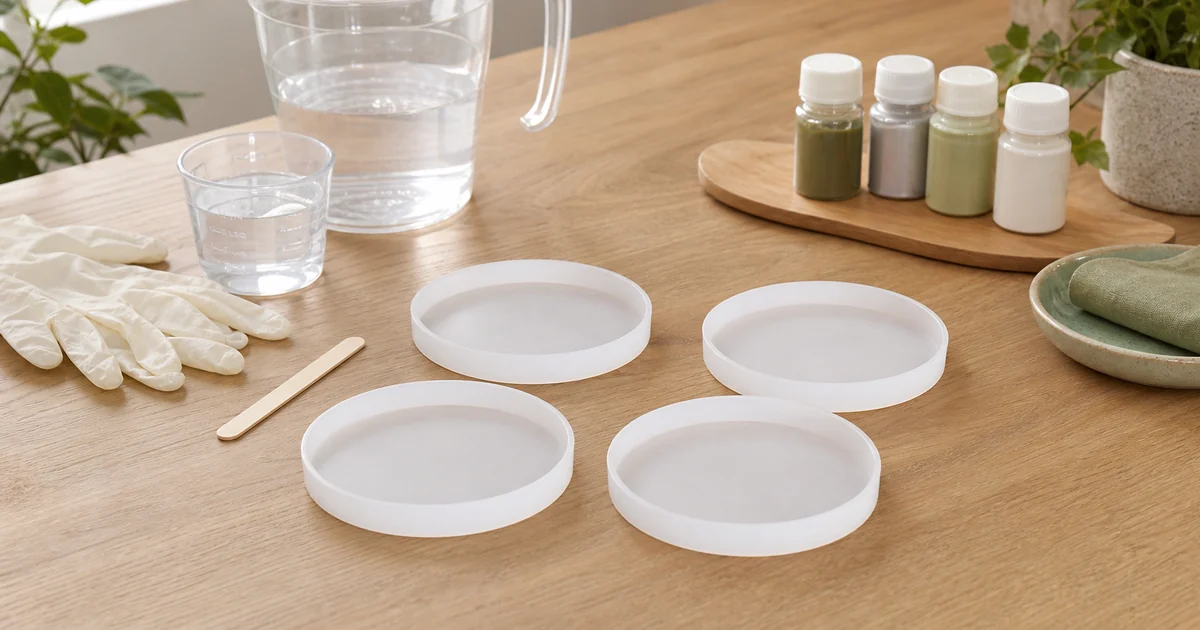 White silicone coaster molds on a clean resin craft desk with mixing cup, gloves and craft pigments
