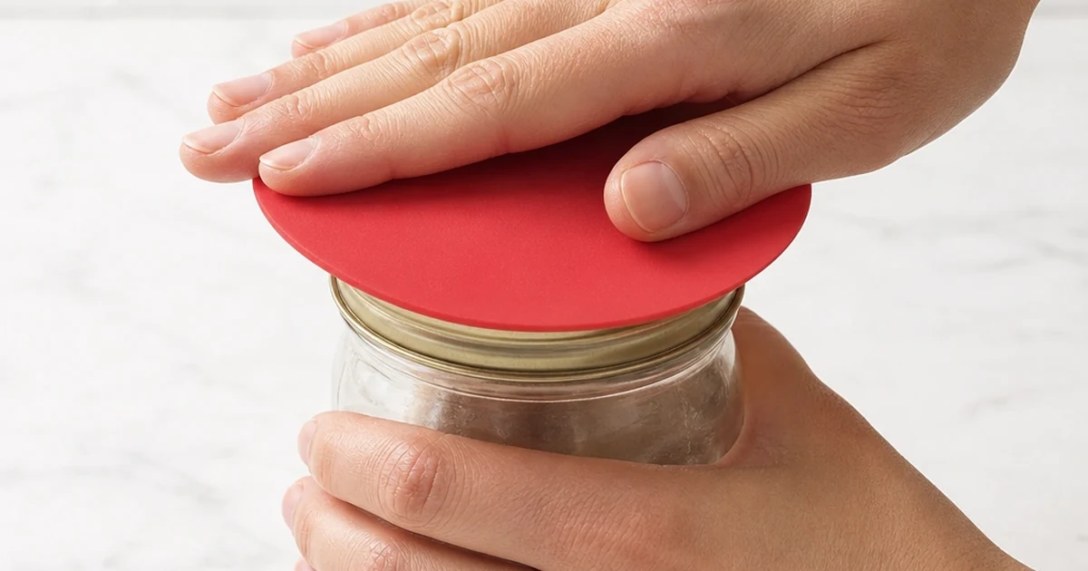Round silicone jar gripper pad shown at a jar lid to illustrate hand-held placement