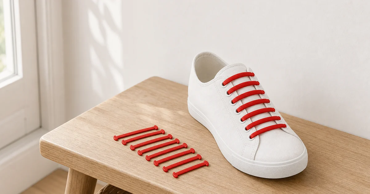 Sneaker bianca con lacci rossi in silicone senza nodo e pezzi extra su panca in legno