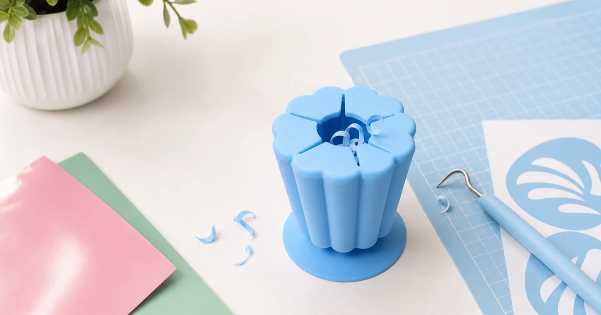 Blauer Silikon-Sammelbecher für Vinylreste auf Basteltisch mit Schneidematte