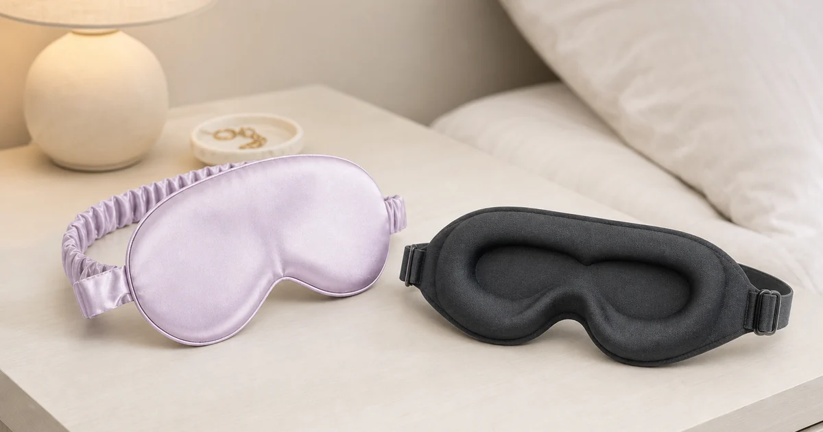 Máscaras contornadas de seda e espuma de memória comparadas por formato, faixa e espaço ocular