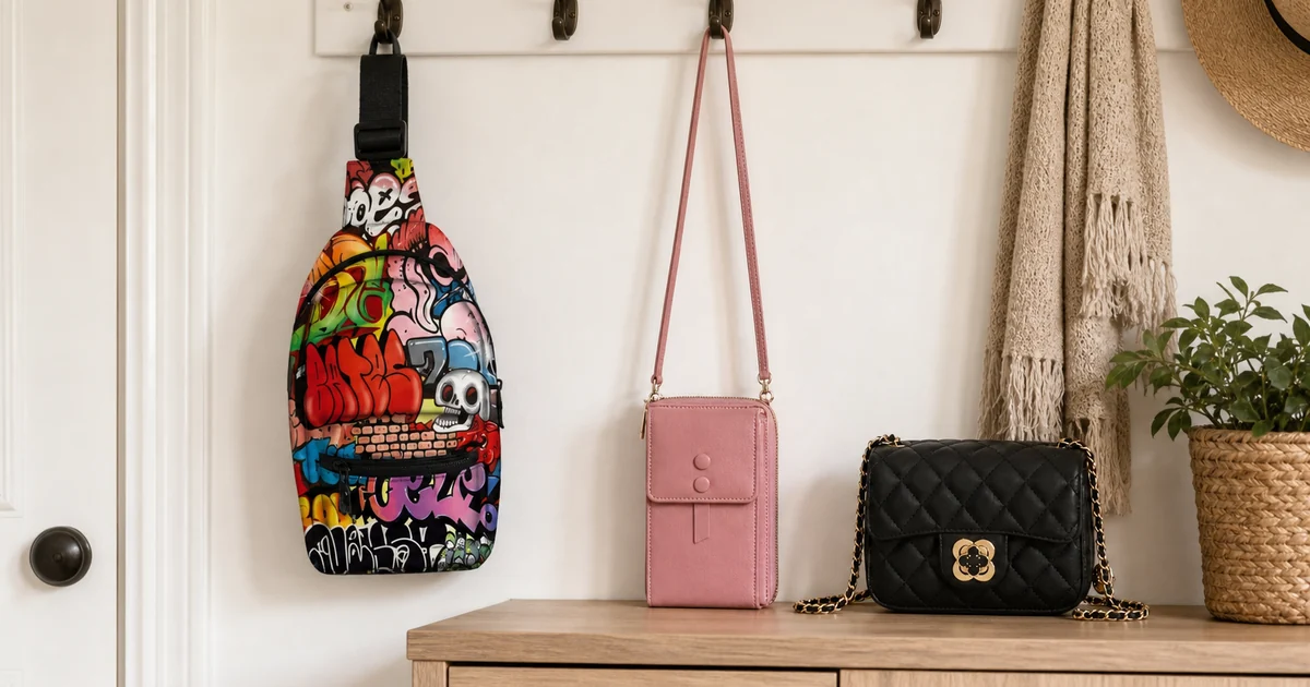 Bolso sling estampado, cartera bandolera rosa y bolso acolchado negro de cadena comparados en una entrada