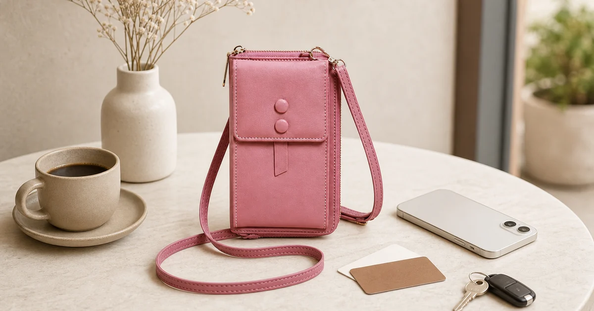 Small pink crossbody phone wallet with flap pocket, card slots and shoulder strap