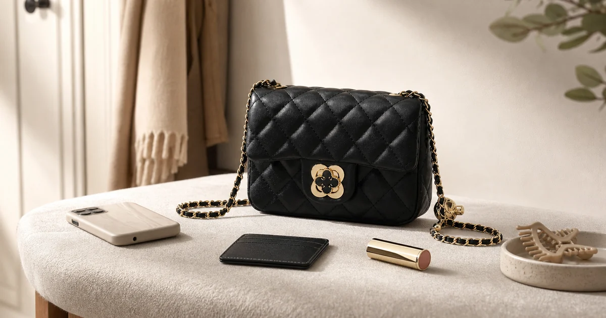Small black quilted chain crossbody bag with clover clasp on a neutral dressing table